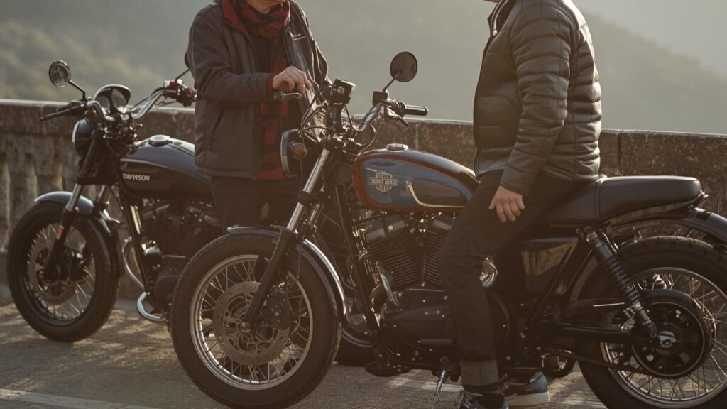 ツーリングの休憩中に愛車を囲んで談笑する日本人ライダー。ハーレーのツインカムは不人気とされる背景や、実際の走行性能について語り合うベテランたちの日常風景。