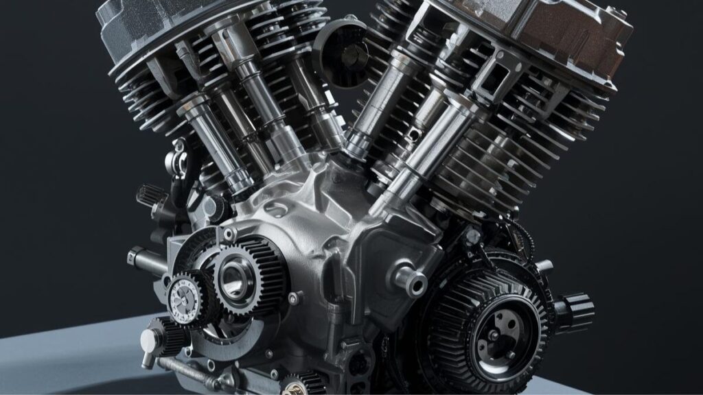 ワークベンチに置かれた精密なエンジン内部パーツ。ハーレーのツインカムは不人気とされる要因の一つ、複雑な設計構造を客観的に捉えたプロフェッショナルな記録写真。