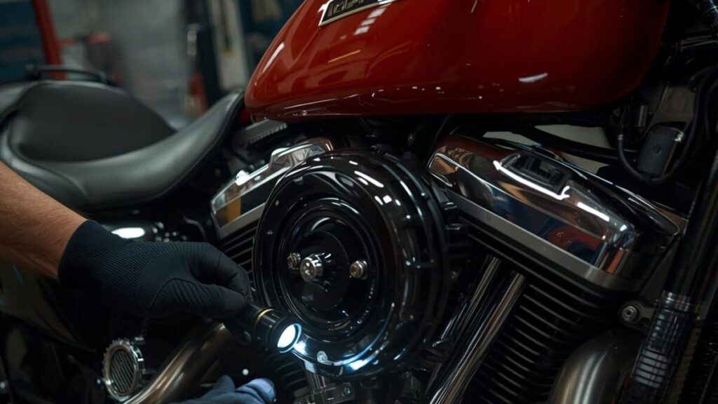 専門ショップで点検を受ける初期型エンジン。ハーレーのツインカムは不人気と言われる故障リスクを回避するため、慎重に状態を確認するメカニックの作業風景。