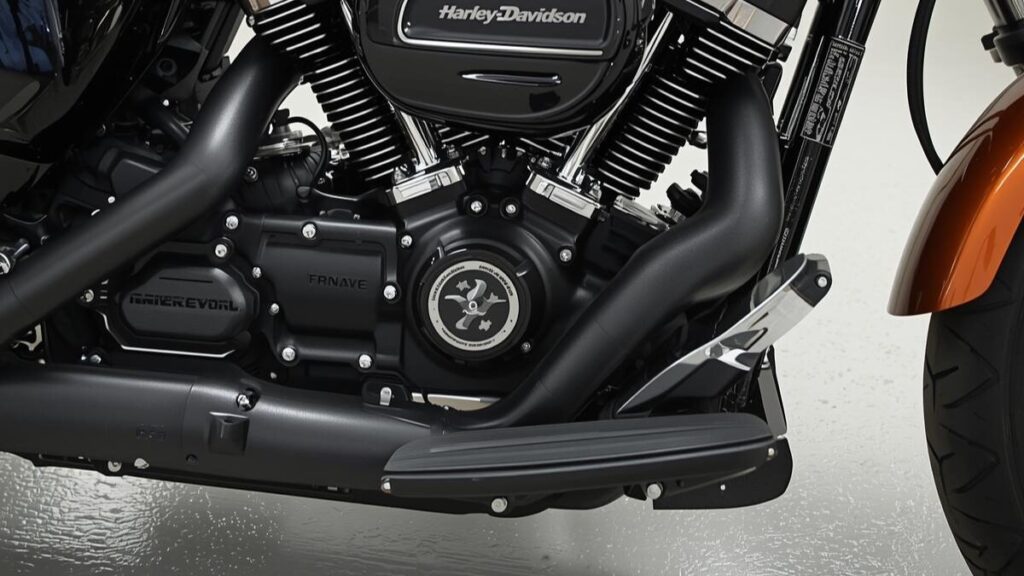 ガレージで車体下部を確認する視点。ハーレーのツインカムは不人気な理由に挙げられやすいオイル滲みを防ぐため、継ぎ目やパッキンの状態を詳細に映し出したカット。