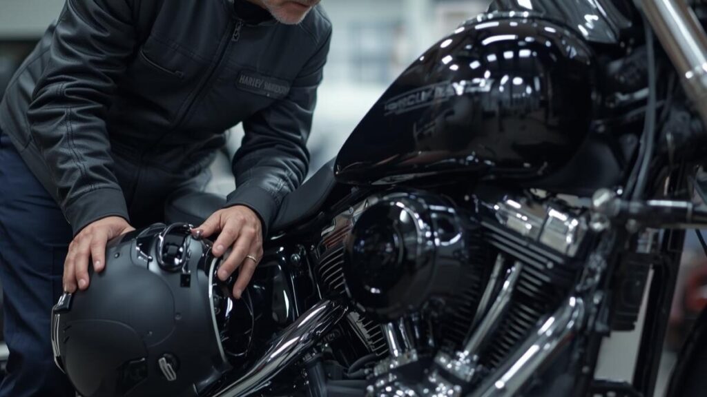 中古販売店でエンジンの状態を慎重に確認する日本人男性。ハーレーのツインカムは不人気モデルを選ばないよう、オイル漏れや異音の有無をチェックする真剣な眼差し。