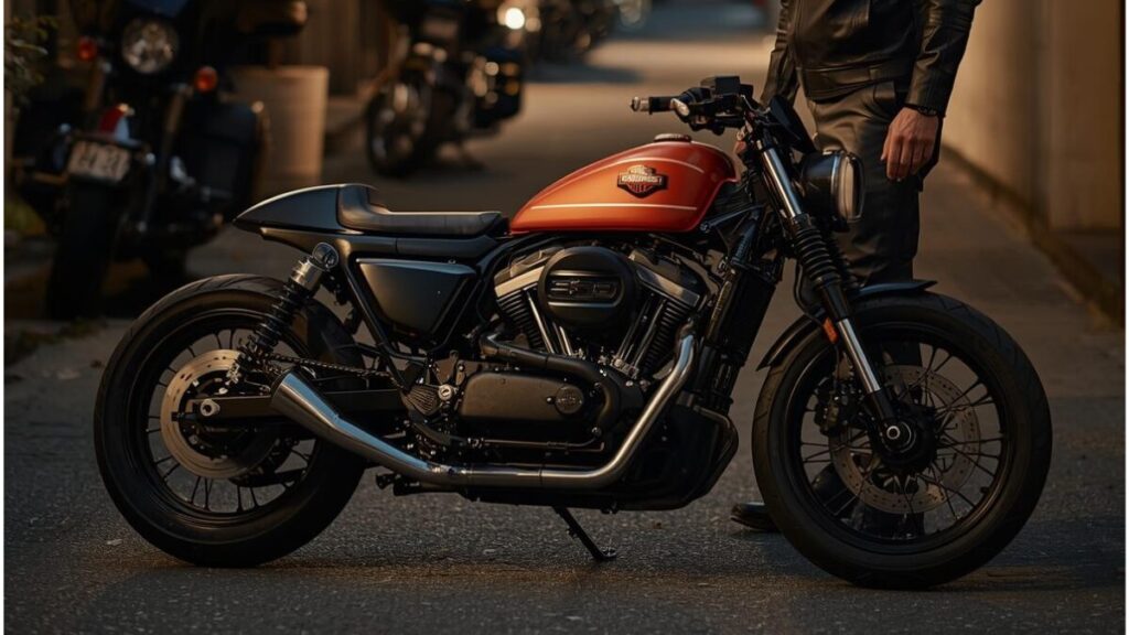 ハーレーX350が売れない理由は？都会の路地に佇むX350と、その新しいスタイルを見つめるベテランライダーを捉えたシネマティックな1枚。