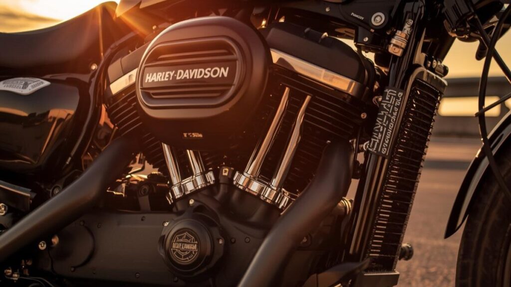 ハーレーX350が売れない理由は？夕日に照らされた水冷エンジンの造形美を強調し、伝統と革新の対比を表現した質感豊かなバイクのディテール。