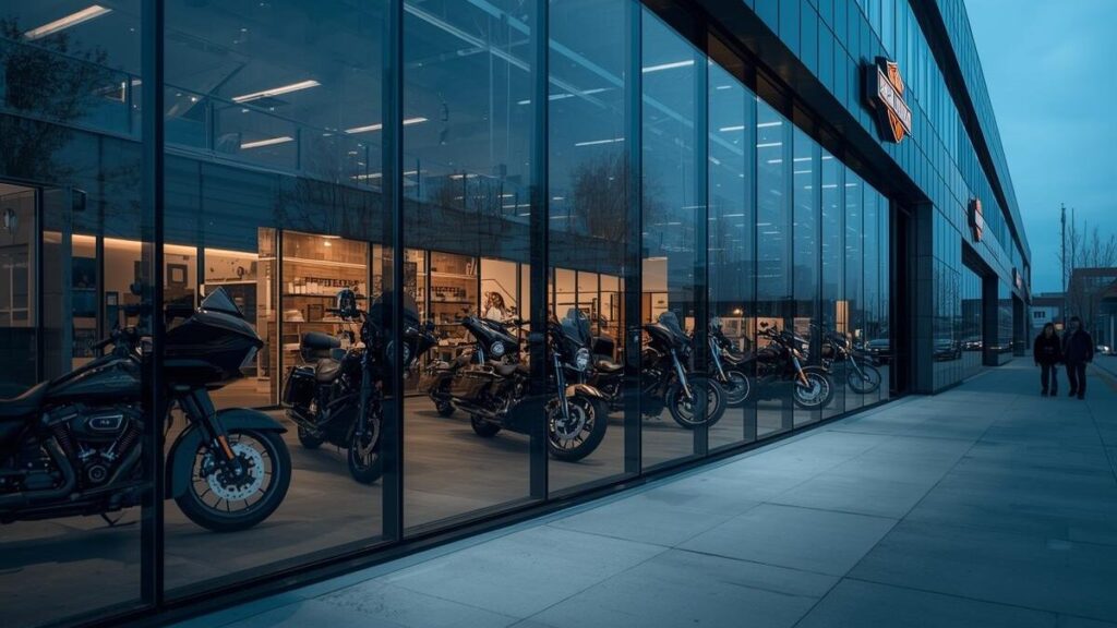 ハーレーX350が売れない理由は？多様化するニーズに合わせて最新モデルが並ぶモダンな店舗外観から、バイク市場の緩やかな変化を視覚化。