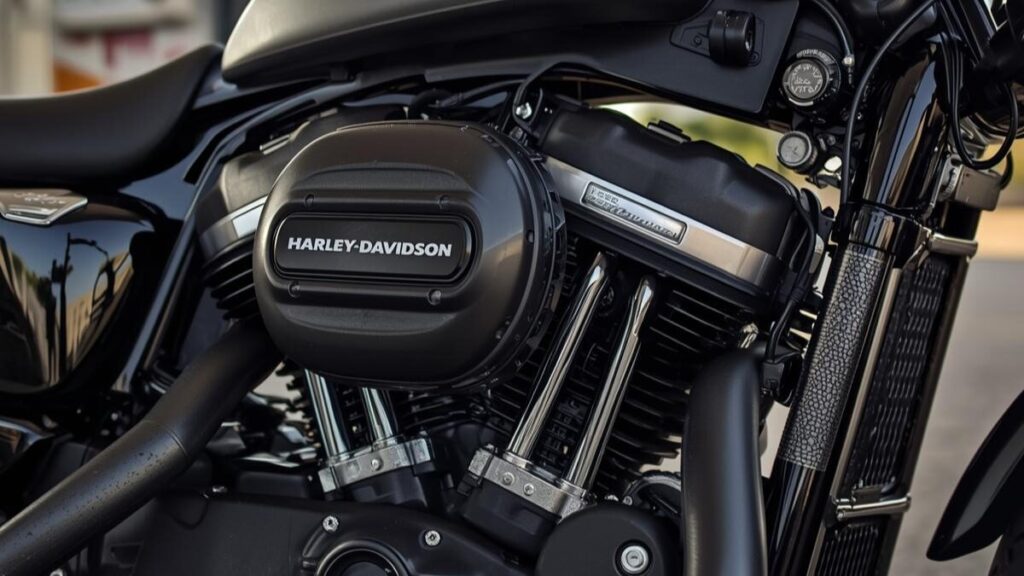 ハーレーX350が売れない理由は？の解説。ガソリンスタンドでの給油シーンを通じ、燃費や水冷エンジンの造形など検討すべき詳細箇所を写した写真。