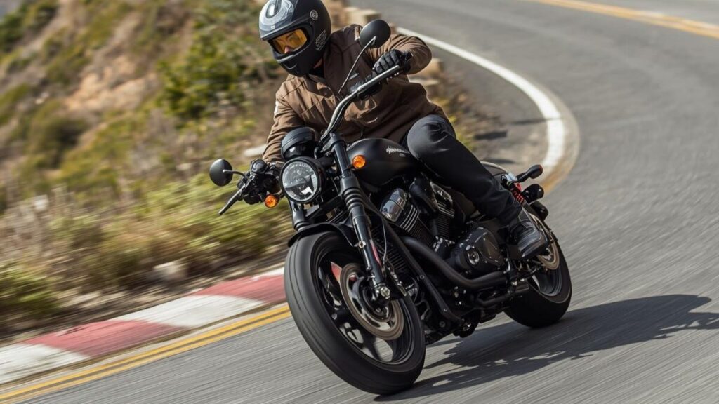 ハーレーX350が売れない理由は？海岸線のカーブを軽快に曲がるX350の走行シーンから、街乗りや峠道での機敏な運動性能を表現。