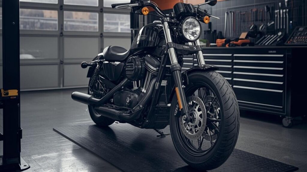 ハーレーX350が売れない理由は？清潔感のある整備工場で点検を受けるX350の姿から、車検や維持管理に必要なコスト面を想起させる画像。