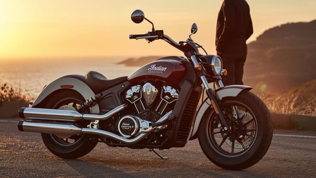 夕暮れの海岸線に停車する美しい車体。唯一無二の造形美と扱いやすさが両立したインディアンスカウトの評判を象徴する、大人の風格漂うシネマティックな一枚。