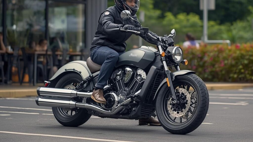 カフェの駐車場で軽快に取り回しを行う男性。足つきの良さや重心の低さなど、実際のオーナーによるインディアンスカウトの評判を裏付けるような日常のワンシーン。