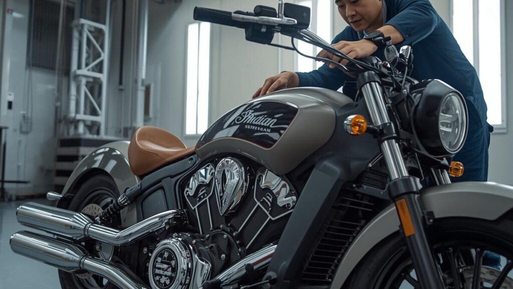 厳格な検査工程を経て仕上げられる車体の細部。生産国が変わっても維持される高い製造クオリティと、信頼に応えるインディアンスカウトの評判を象徴するカット。