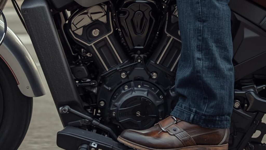 夏場の市街地を走行するエンジンのアップ。インディアンスカウトの評判として気になる熱問題に対し、厚手のパンツで対策を講じながらライディングを楽しむライダー。