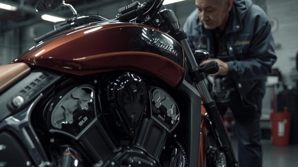 整備の行き届いたガレージに置かれた車体。維持費や故障リスクへの備えとして、インディアンスカウトの評判に見合う丁寧なメンテナンス環境をイメージした構図。