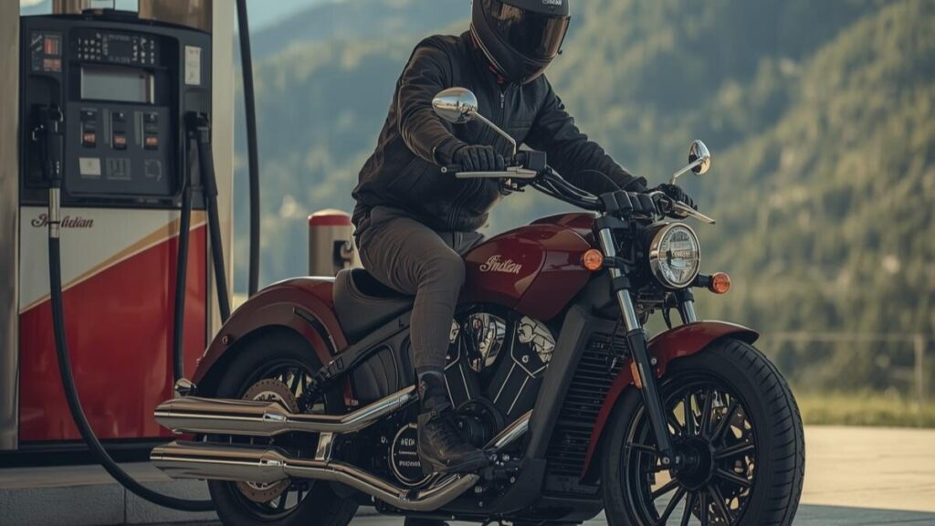 ツーリングの途中で給油を行う様子。大排気量クルーザーとしての標準的な燃費や、インディアンスカウトの評判に含まれる経済性のバランスを伝える給油シーン。