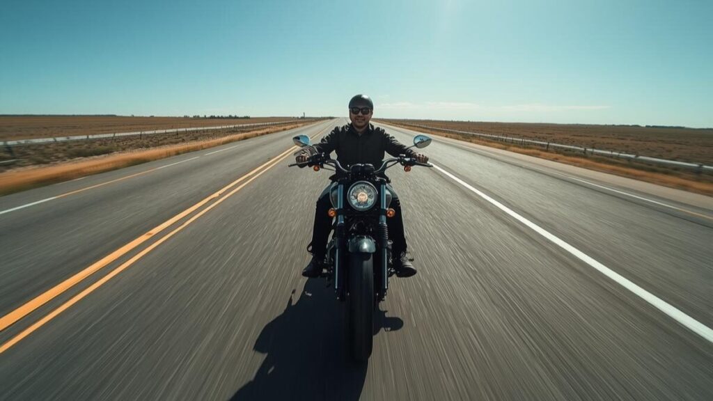 地平線へと続く長い一本道を走り抜ける姿。満タンでの航続距離を考慮しながら旅を楽しむ、インディアンスカウトの評判通りの軽快なクルージング風景。