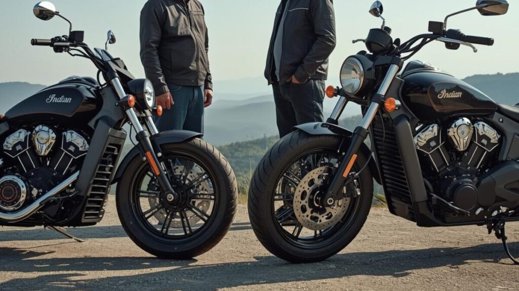 展望台で並ぶ二台のアメリカンバイク。デザインの完成度と走行性能の個性が異なる、ハーレーと比較した際のインディアンスカウトの評判をイメージした風景。