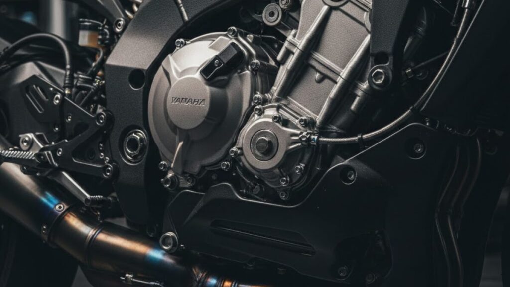 緻密なメカニズムが露出したYZF-R1のエンジン周辺。高性能なクロスプレーンエンジンの繊細さを、YZF-R1は壊れやすいという視点から丁寧に描写。