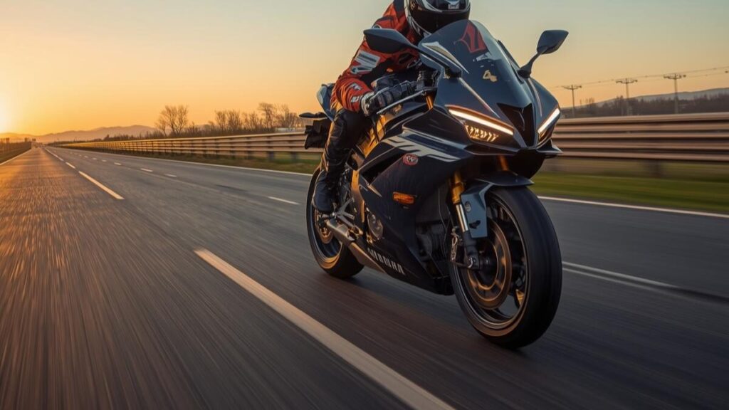 夕暮れの直線を加速するYZF-R1と熟練ライダー。圧倒的なパワーと、YZF-R1は壊れやすいという懸念を打ち消す高度な電子制御の安定感を可視化。