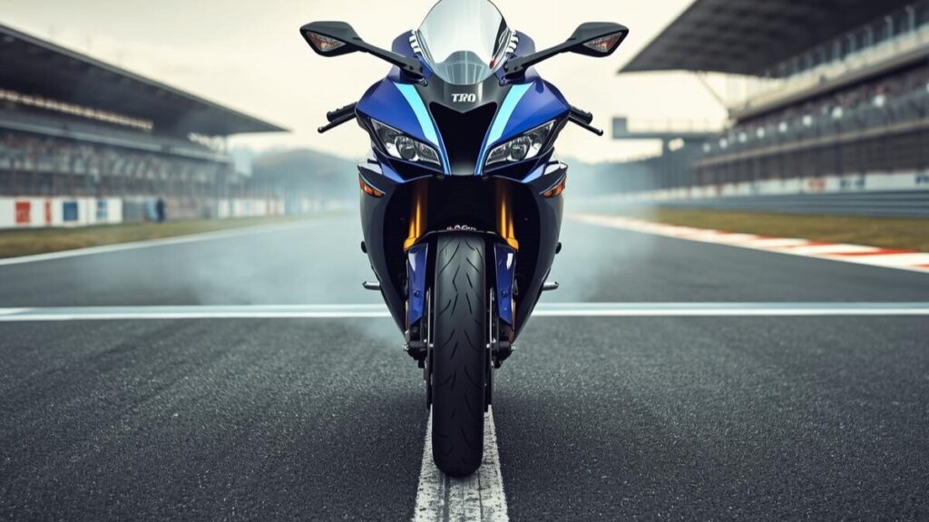 サーキットのコース上で出走を待つYZF-R1。最高速度299km/hに達するポテンシャルと、YZF-R1は壊れやすいというイメージを覆す剛健な走りを象徴。