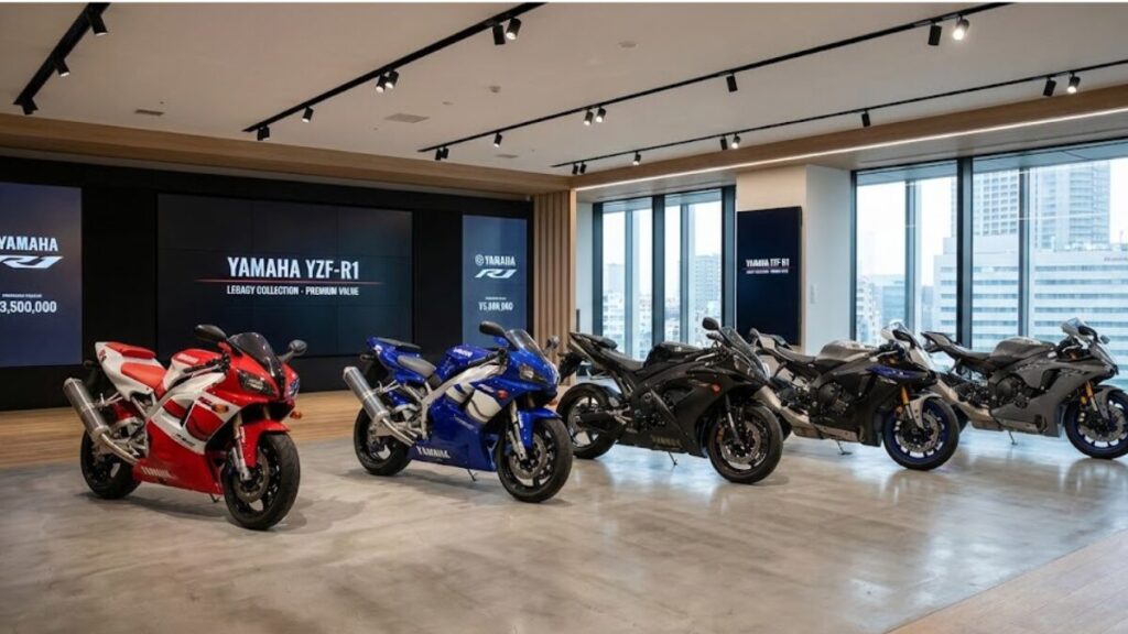 高級感のあるショールームに並ぶ歴代のYZF-R1。市場での需要の高まりと、YZF-R1は壊れやすいという懸念を上回る人気による相場の高騰を表現。
