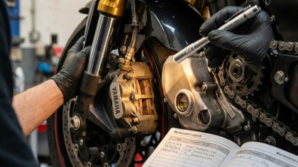 細部まで点検が行われているYZF-R1の中古車両。YZF-R1は壊れやすいと言われないよう、購入時に確認すべき整備記録や各パーツのチェックポイントを提示。