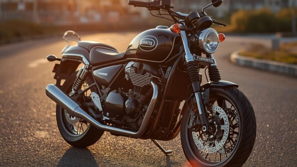 夕暮れ時の道路に停車する最新のアメリカンバイク400cc新車。光り輝くメタリックな車体と洗練されたデザインが、2026年モデルの高級感と所有欲を演出しています。