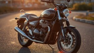 夕暮れ時の道路に停車する最新のアメリカンバイク400cc新車。光り輝くメタリックな車体と洗練されたデザインが、2026年モデルの高級感と所有欲を演出しています。