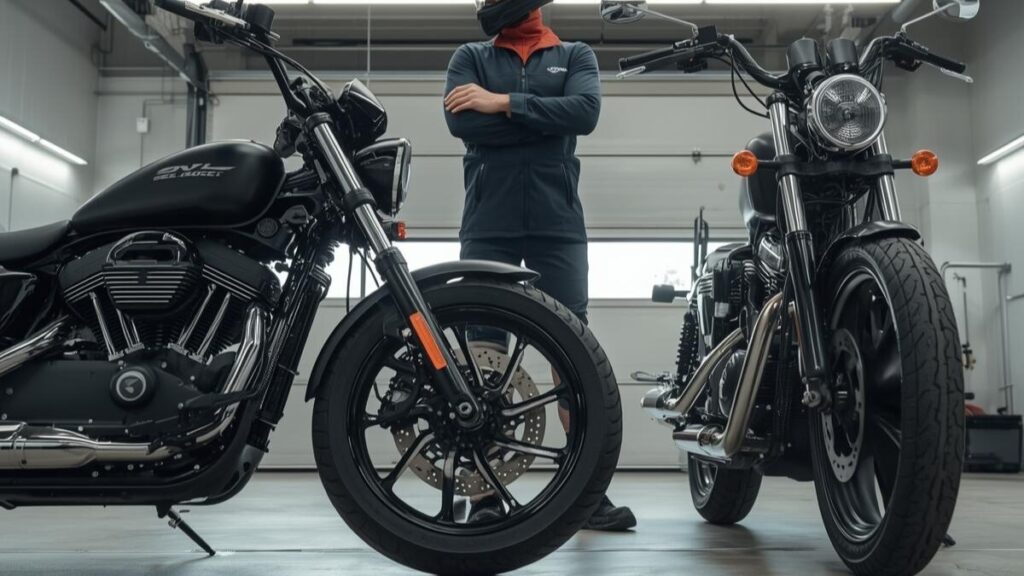 モダンなガレージで、異なるエンジン形式のアメリカンバイク400cc新車を比較検討するライダー。自分に合った一台を賢く選ぶための落ち着いた雰囲気を表現しています。