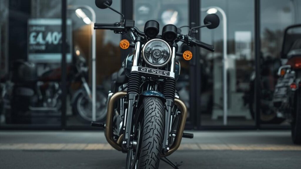 洗練されたバイクショップの前に置かれたアメリカンバイク400cc新車。購入時の予算や相場感をイメージさせる、クリーンで信頼性の高いディーラー店舗の風景です。