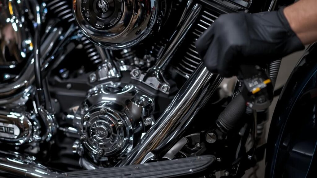 エンジンの細部を丁寧に点検する整備士の手元。中古車両の状態確認や、アメリカンバイク400cc新車との品質の違いを慎重に見極める際の重要なポイントを象徴しています。