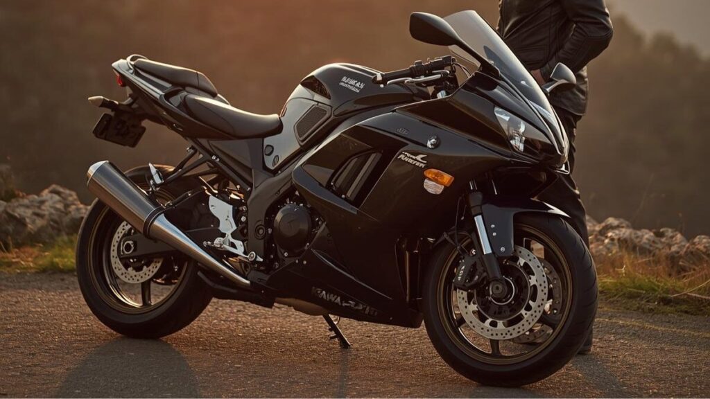 景色の良い場所で愛車と向き合う大人のライダー。ニンジャ400で後悔しないための欠点や維持費、中古選びの注意点を確認する落ち着いた雰囲気を表現しています。