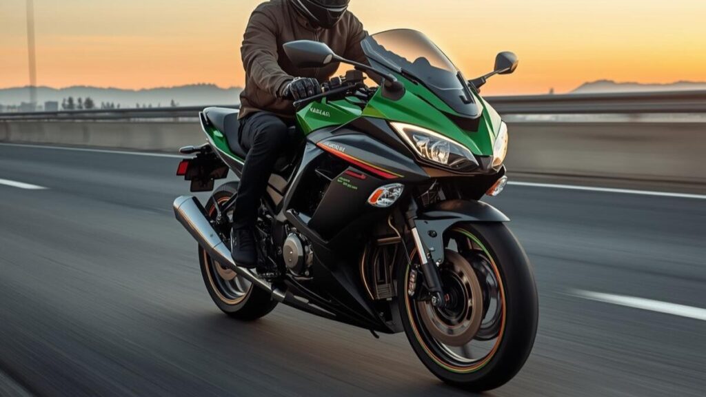 夕暮れの高速道路を軽快にクルージングする様子。燃費性能や消費傾向を意識しながら、ニンジャ400で後悔のないツーリングを楽しむ走行シーンを描いています。