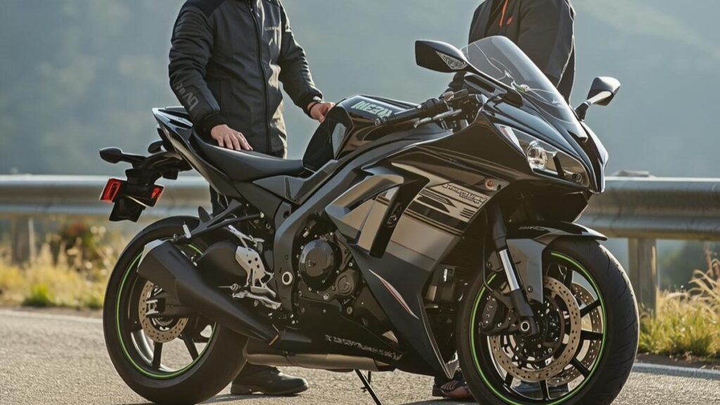 進化した現行モデルのデザイン美を観察するライダー。旧型の特性と比較しつつ、ニンジャ400で後悔しないためのモデル選びの重要性を説明するイメージ画像です。