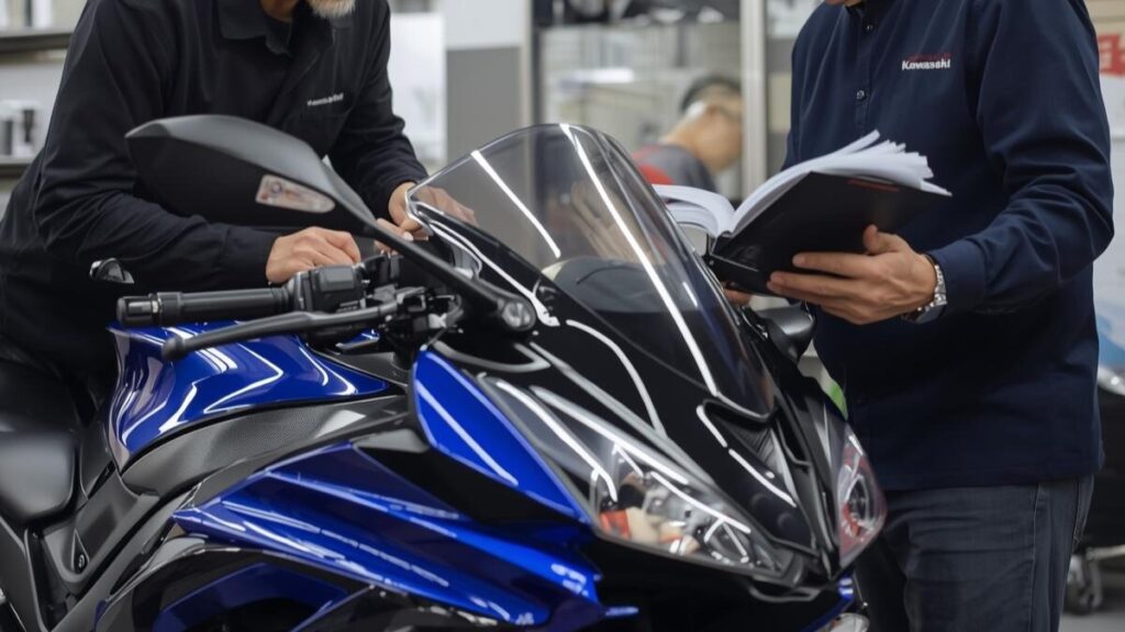 販売店で車体の状態を細かくチェックする様子。中古購入時のポイントを押さえ、資産価値を守ることでニンジャ400で後悔しない賢い選び方を提案しています。