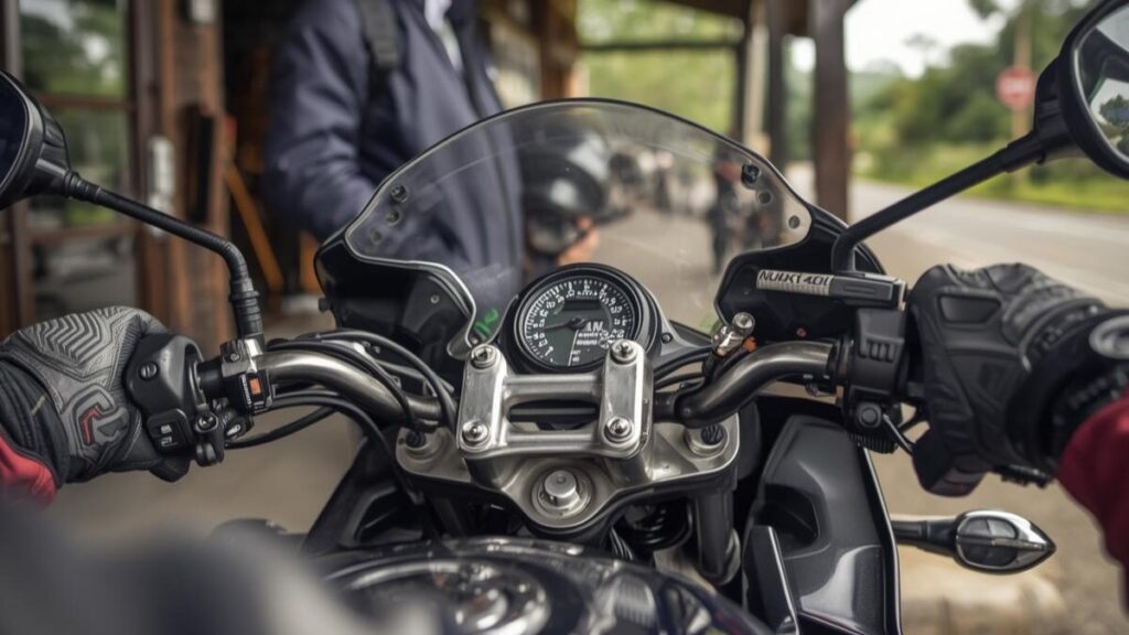 走行後の休憩で一息つくライダーの姿。ハンドルから伝わる振動や身体への疲労感を考慮し、ニンジャ400で後悔しないための対策を連想させるリアルな風景です。