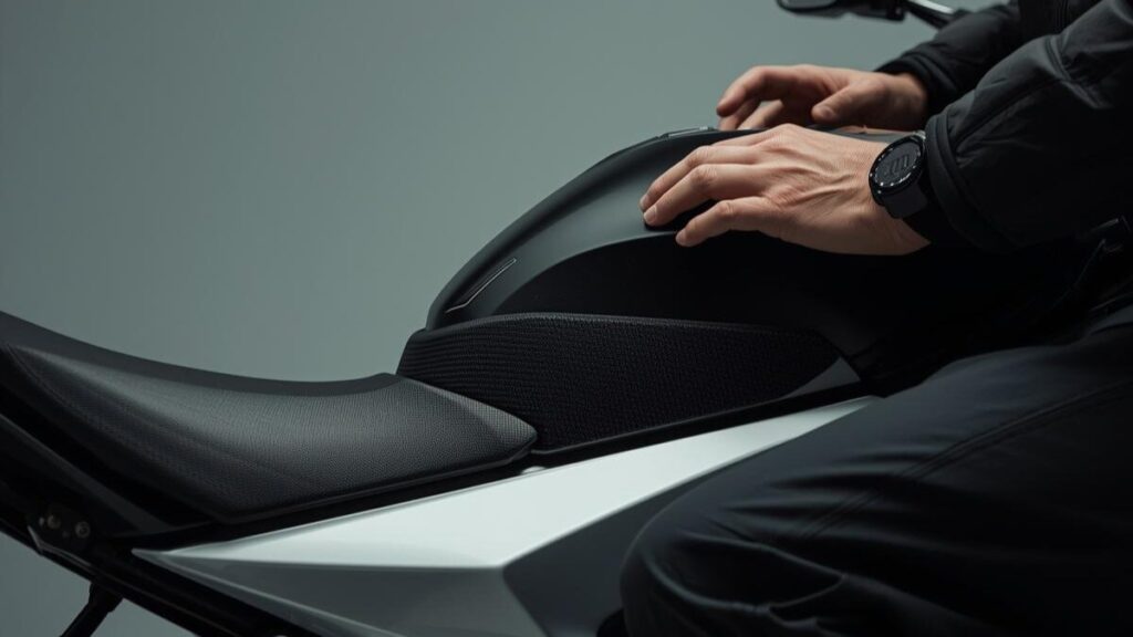 車体のシート形状とライディングポジションを確認する様子。長距離の乗り心地を左右する居住性を検証し、ニンジャ400で後悔しない装備選びを視覚化しています。
