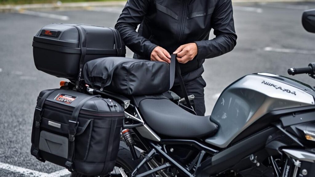 シートバッグを装着して積載性を高めたカスタム車両。荷物の積載量に関してニンジャ400で後悔しないよう、実用的なアイテム選びを紹介するシチュエーションです。