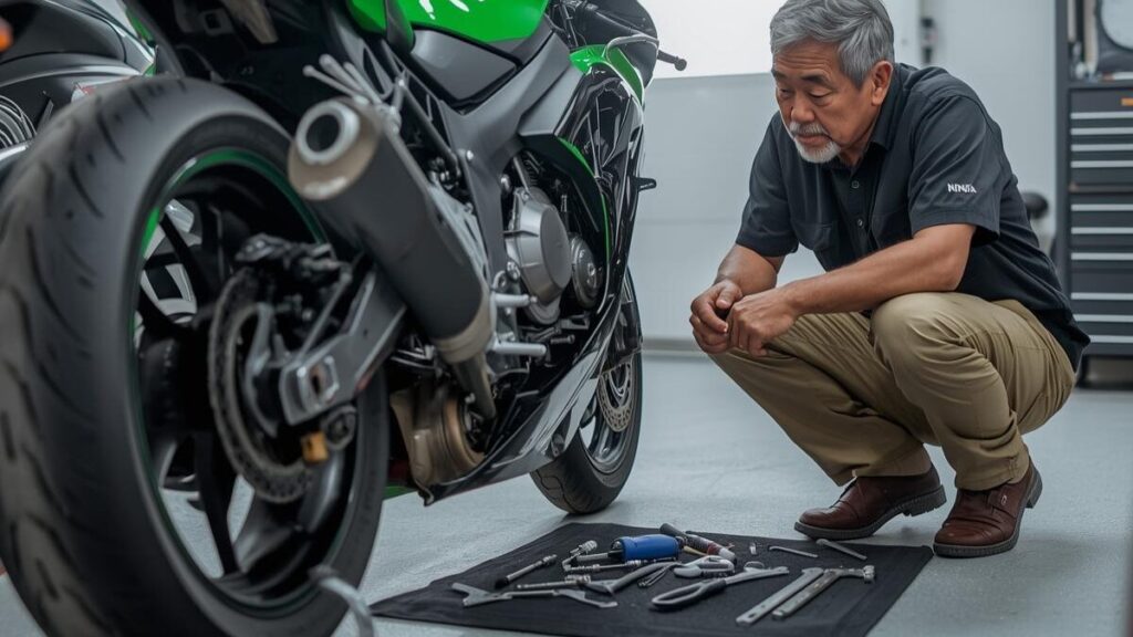 自宅ガレージで愛車の日常点検を行う大人の趣味の時間。維持費を賢く抑えるコツを実践し、ニンジャ400で後悔しない長期的な所有スタイルを表現しています。