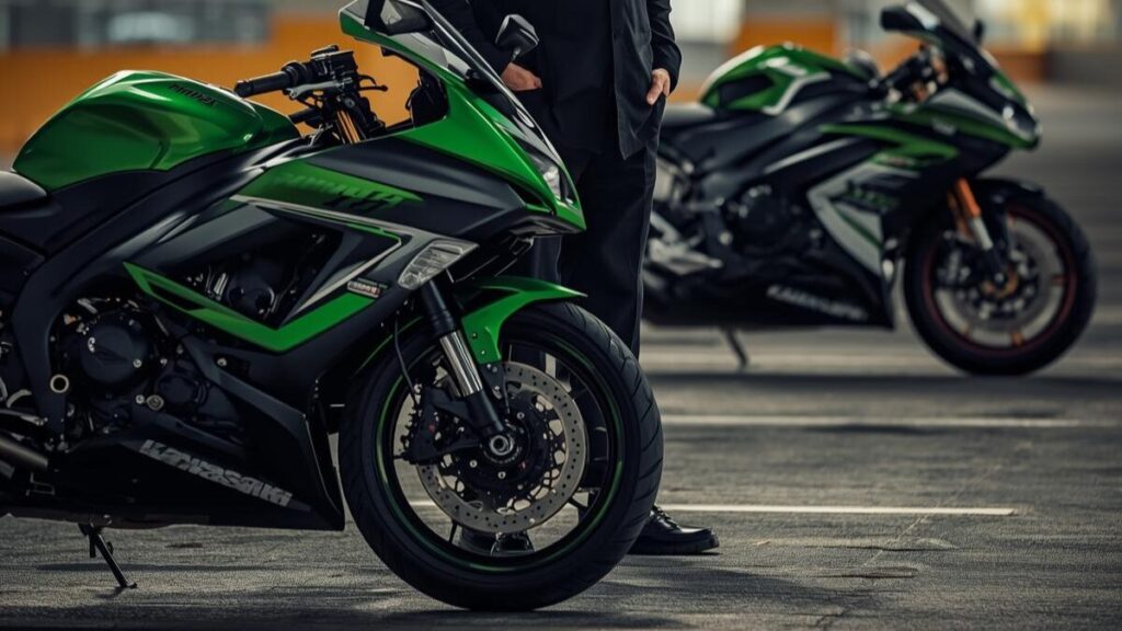 特性の異なるバイクを前に自身の好みを再確認する姿。新型4気筒との性能差を理解し、納得感を持ってニンジャ400で後悔しない選択をする心理を描いています。