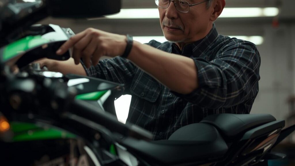 ガレージでパーツ交換を行い自分好みに調整する様子。不満点を解消するカスタムで、ニンジャ400で後悔しない快適なバイクライフを目指す光景を写しています。