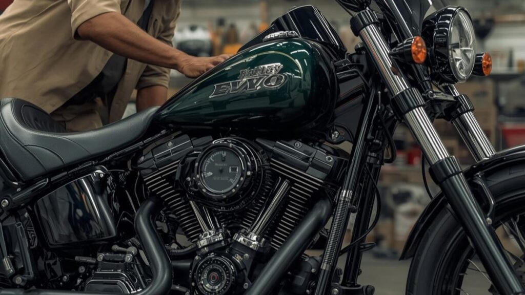 専門店で点検を受けるハーレーエボの人気車種。50代の男性が中古選びのポイントであるエンジンの状態を確認している、信頼感のあるシネマティックな光景です。