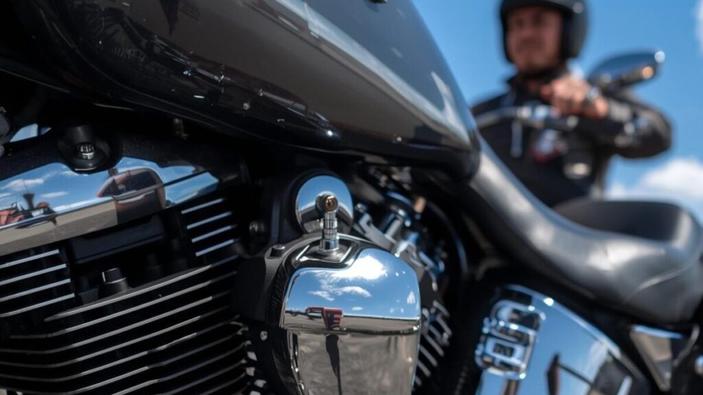 ハーレーらしい鼓動感と高い信頼性を象徴するエボリューションエンジンの近接写真。長距離走行を控えた50代のライダーが、ハーレーエボの人気車種の魅力を楽しむ様子です。