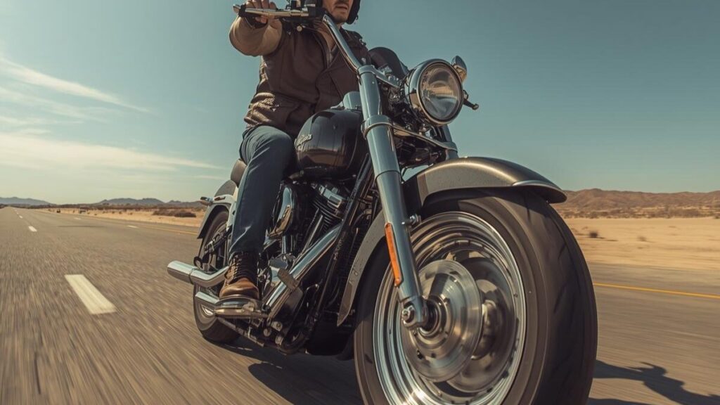 重厚なファットボーイで快走する50代の男性ライダー。リジッド風フレームが美しいソフテイルは、ハーレーエボの人気車種を代表する象徴的なスタイルです。