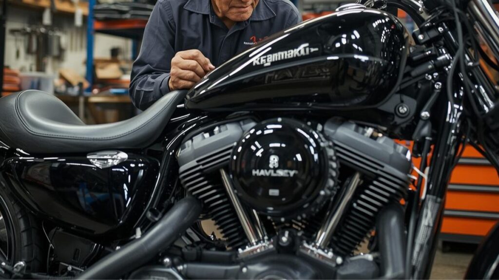 熟練のメカニックが丁寧に整備を行うバイクショップの内観。ハーレーエボの人気車種を購入する際に重要な、信頼できる専門店選びの基準となる誠実な作業風景です。