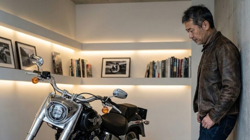 ガレージで愛車を前に考え込む50代男性の姿。ハーレーの車両保険は入るべきか悩むオーナーへ、安心のための最適解を提案するイメージです。