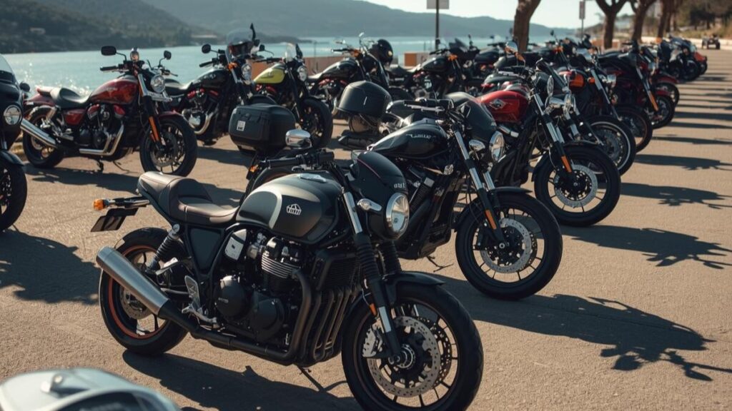 ツーリングスポットに整然と並ぶ多数のバイク。ハーレーの車両保険は入るべきか検討する材料として、市場の加入状況や背景を視覚化しています。