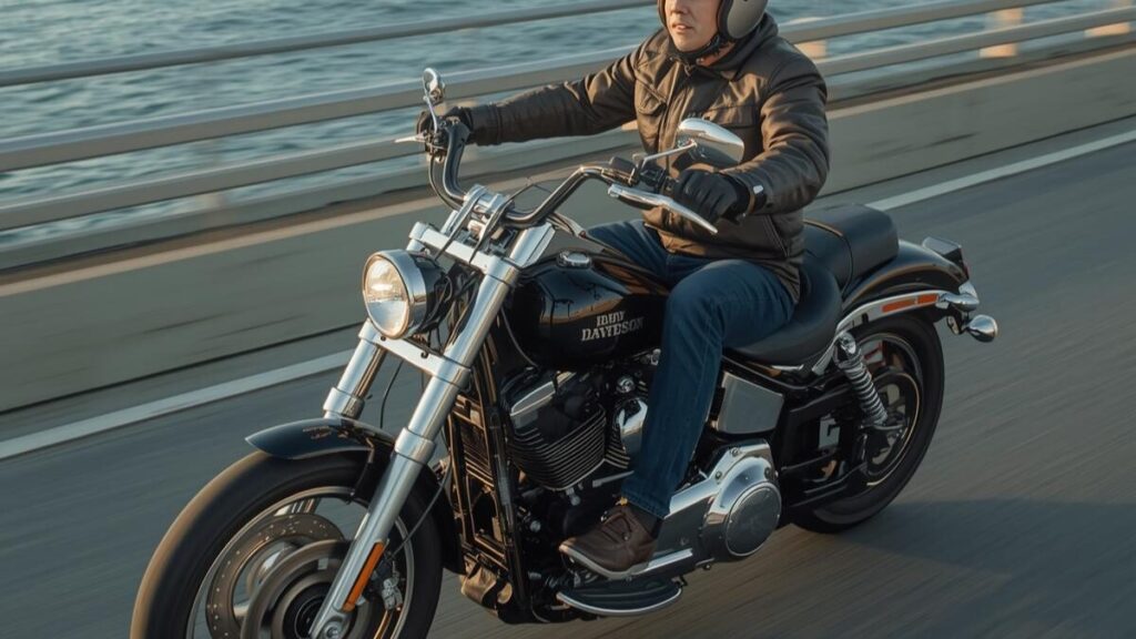 海の上の大橋を颯爽と駆け抜けるライダー。万が一の事態に備え、ハーレーの車両保険は入るべきかどうか、安心感と自由のバランスを判断するためのイメージです。