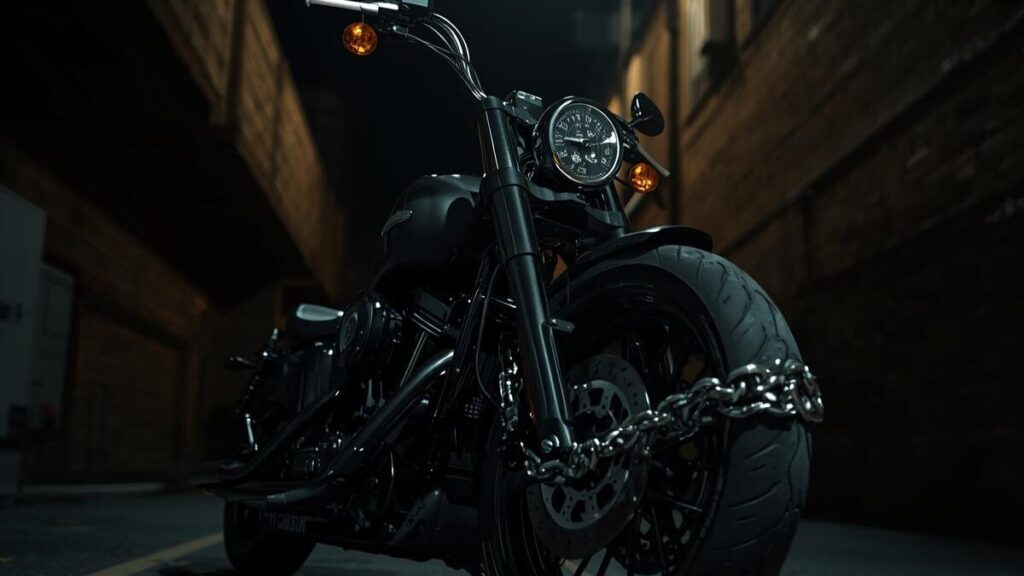 夜の街角で厳重にロックされた高級バイク。ハーレーの車両保険は入るべき最大の理由である、盗難リスクへの備えを象徴する一枚です。