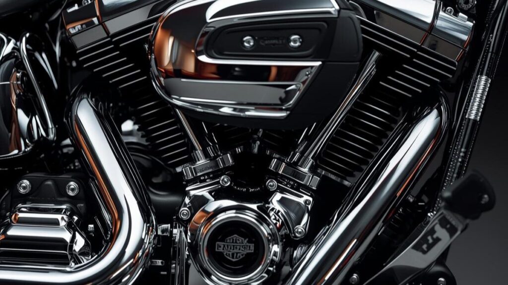 細部まで磨き上げられたカスタムパーツのクローズアップ。ハーレーの車両保険は入るべきか決める際の鍵となる、補償範囲の重要性を表現しています。