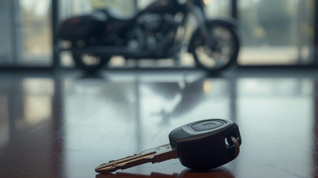 書斎のテーブルに置かれたバイクのキー。ハーレーの車両保険は入るべき時に知っておきたい、資産価値を守る協定保険価額をイメージしています。