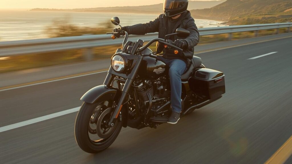 夕暮れの海岸沿いを安全に走るオーナー。ハーレーの車両保険は入るべきかに関わる、無事故の継続による等級や割引のメリットを表現した写真です。